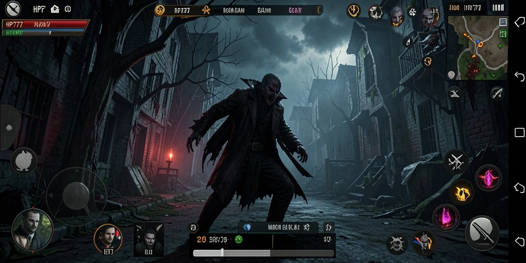 Gameplay HP777 menampilkan momen menegangkan dalam suasana gelap dan menyeramkan.