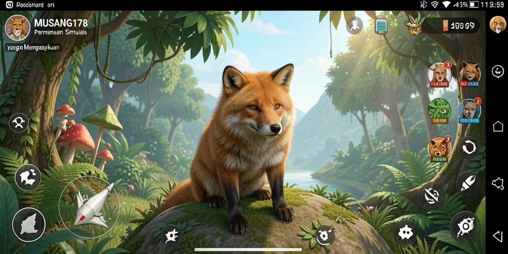 Screenshot gameplay MUSANG178 yang menunjukkan interaksi karakter di dunia simulasi.