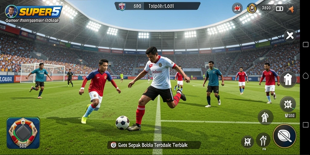 Tampilan gameplay SUPER5 dengan aksi sepak bola seru.