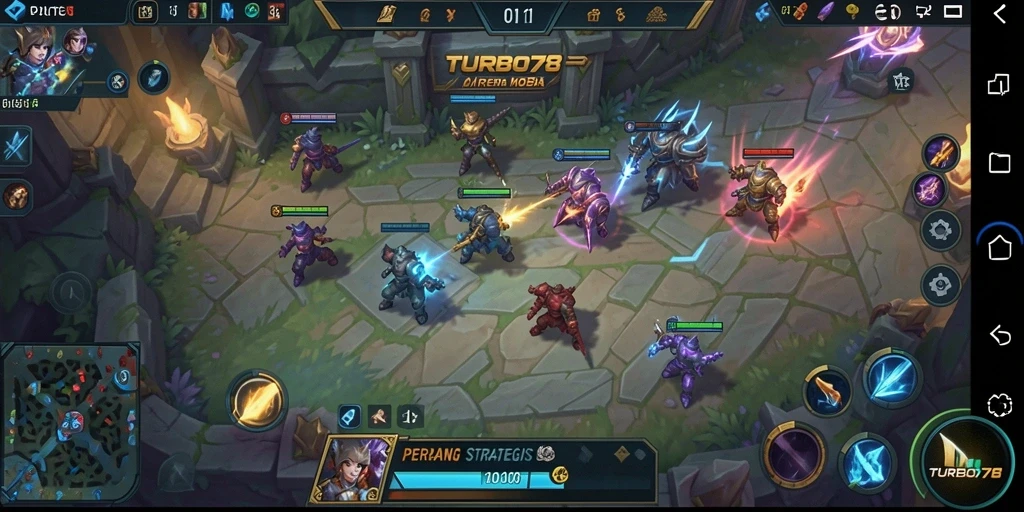 Screenshot utama TURBO78 menampilkan aksi mendebarkan di arena MOBA.