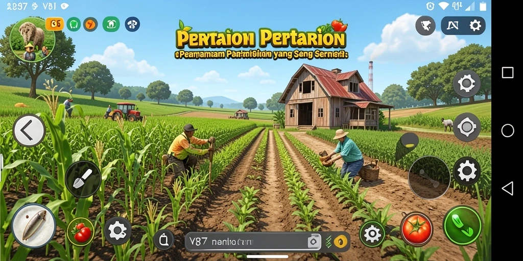 Screenshot gameplay V87 menunjukkan ladang yang rapi dan berbagai tanaman tumbuh subur.